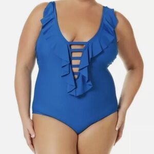 Terra Sky Womens Blue Lined Wireless One-Piece Ruffle Swimsuit Size 3X